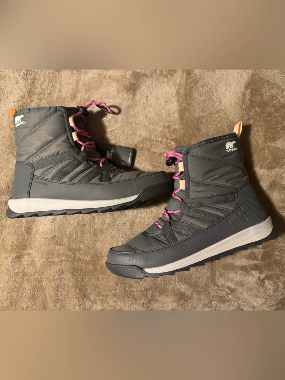 Sorel Gray Winter Boots with Pink Laces